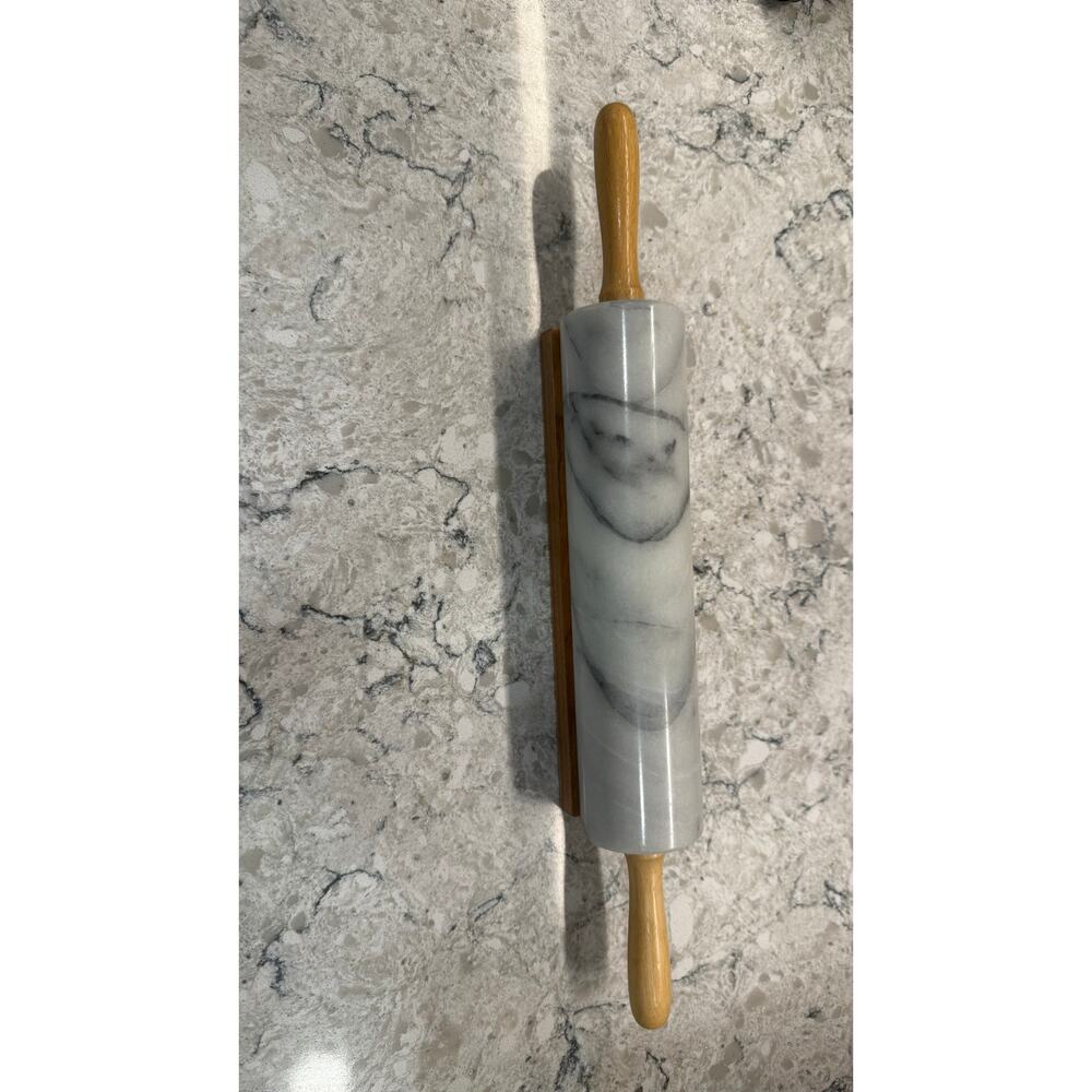 Polished White Marble Rolling Pin featuring Wooden Handles & Stand - Picture 2 of 7